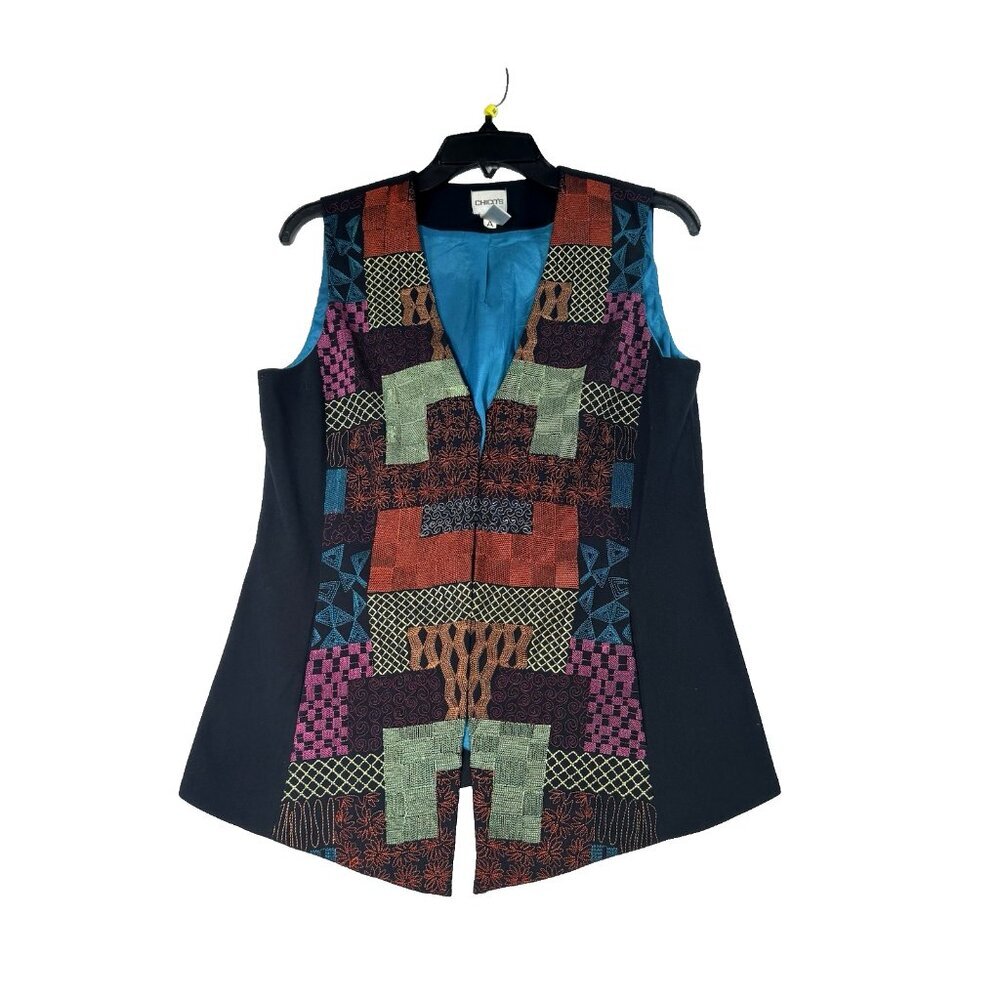 Chico's Women Embroidered Patchwork Vest Art To Wear Pockets Multicolor Size M